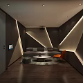 Modern Home Theater Room With Gray Sofa Orange Accent Chair Round Coffee Table And Recessed Lighting