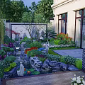 Modern Garden Landscape Design With Outdoor Seating Green Plants And White Umbrella