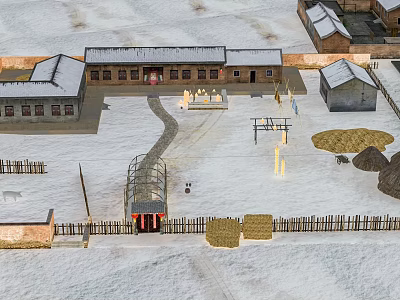 Aerial View of Snow Covered Village Scenery with Traditional Houses Haystacks and Wooden Fences 3d model