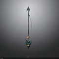 Intricate Long Handled Weapon With Metallic Shaft Blue Orange Accents And Decorative Parts
