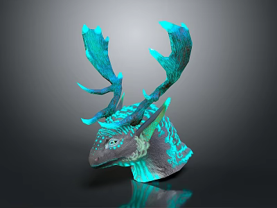 Fantasy Game and Movie Character Design With Turquoise Antler Like Horns and Gray Textured Head 3d model