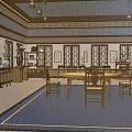 Ancient Chinese Architecture Interior Featuring Wooden Structure Carved Decorations Blue Curtains Round Table And Chairs