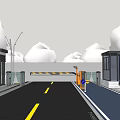 Community Entrance With Driveway Gate Barrier Buildings Trees And Street Lamps