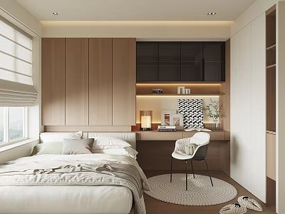 Tatami Bedroom Design With Tatami Bed Wooden Cabinets Desk Chair Window And Recessed Lighting 3d model