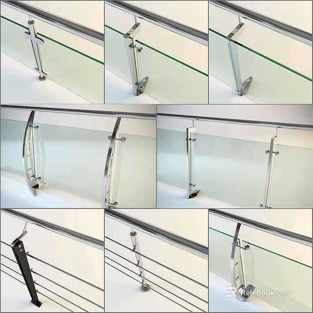 Modern Glass Railing Design With Metal Brackets And Transparent Panels 3d model 