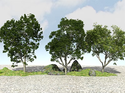 Lush Green Trees With Grass Stones And Cloudy Sky In Natural Scene 3d model