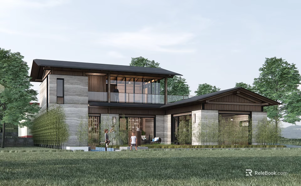 Modern Style Homestay Building With Large Glass Windows Black Roof Gray Wall And Green Lawn 3d model 