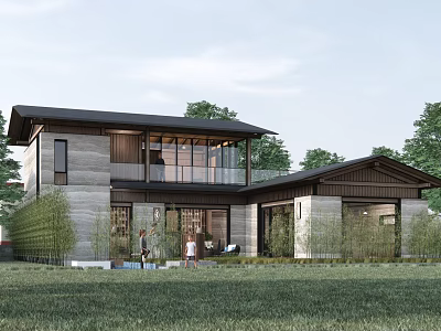 Modern Style Homestay Building With Large Glass Windows Black Roof Gray Wall And Green Lawn 3d model