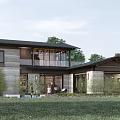 Modern Style Homestay Building With Large Glass Windows Black Roof Gray Wall And Green Lawn