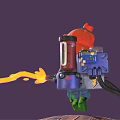 Animated Character With Red Hair Wearing Blue Yellow Outfit Spraying Yellow Liquid On Wooden Planks