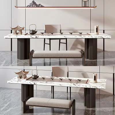 Modern Tea Table And Chairs Set With Marble Top And Decorative Tea Accessories 3d model