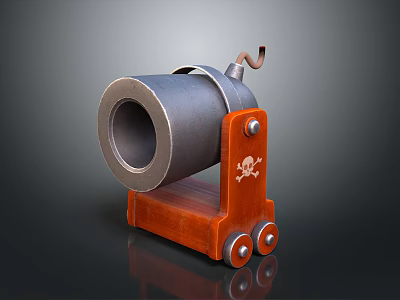 Detailed Vintage Cannon With Metal Barrel Red Wooden Base Wheels And Skull Symbol 3d model