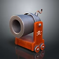 Detailed Vintage Cannon With Metal Barrel Red Wooden Base Wheels And Skull Symbol