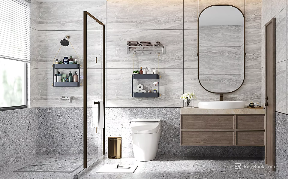 Modern Bathroom Design With Marble Walls Glass Shower Round Mirror Wooden Vanity and Storage Shelves 3d model 