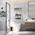 Modern Bathroom Design With Marble Walls Glass Shower Round Mirror Wooden Vanity and Storage Shelves
