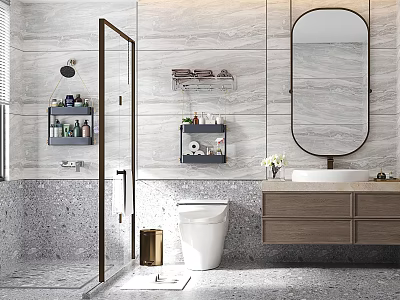 Modern Bathroom Design With Marble Walls Glass Shower Round Mirror Wooden Vanity and Storage Shelves 3d model