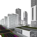 Modern High Rise Office Buildings With Glass Facades And Green Roofs In Urban Area