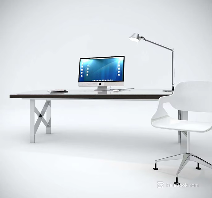 Modern Office Desk Setup With Desktop Computer Adjustable Lamp And White Chair 3d model 