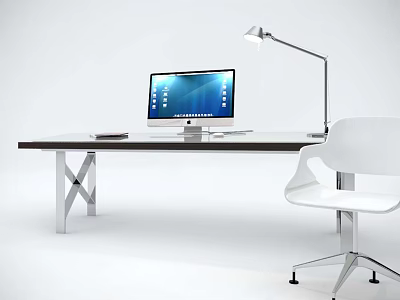 Modern Office Desk Setup With Desktop Computer Adjustable Lamp And White Chair 3d model