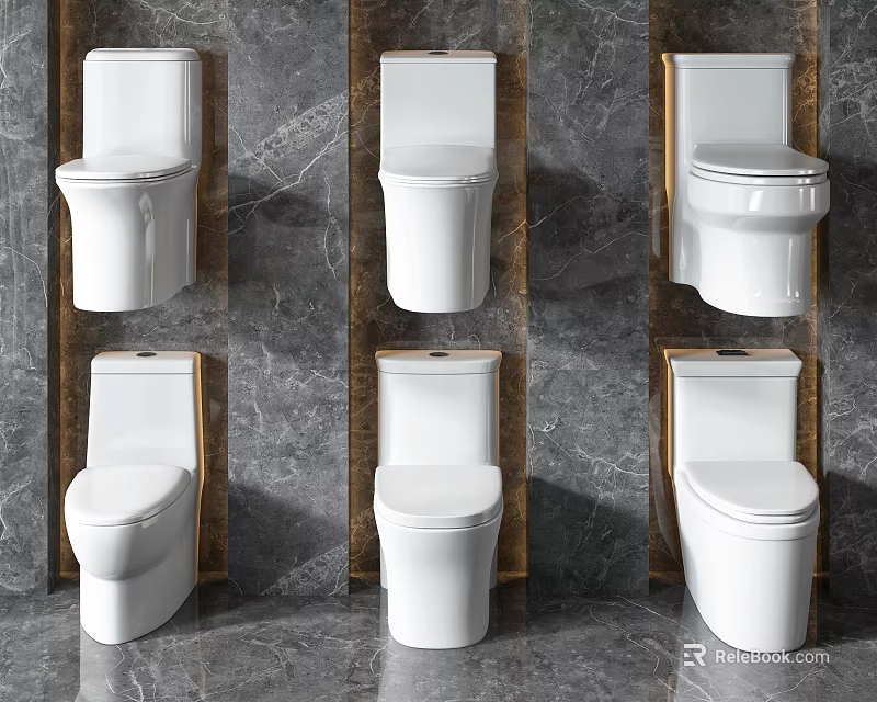 Six Different White Toilets on Gray Marble Wall with Wooden Frames Showcasing Stylish Designs 3d model 
