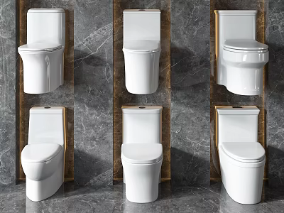 Six Different White Toilets on Gray Marble Wall with Wooden Frames Showcasing Stylish Designs 3d model