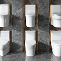 Six Different White Toilets on Gray Marble Wall with Wooden Frames Showcasing Stylish Designs