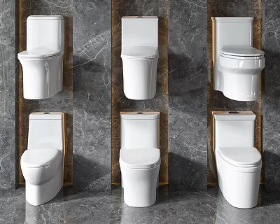Six Different White Toilets on Gray Marble Wall with Wooden Frames Showcasing Stylish Designs 3d model