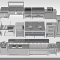 Stainless Steel Commercial Kitchen Appliances Layout With Stoves Ovens And Storage Racks