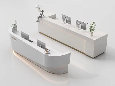 Modern Reception Desk With Curved And Long Countertops Illuminated Lights Computer Monitors And Potted Plants 3d model