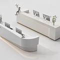 Modern Reception Desk With Curved And Long Countertops Illuminated Lights Computer Monitors And Potted Plants