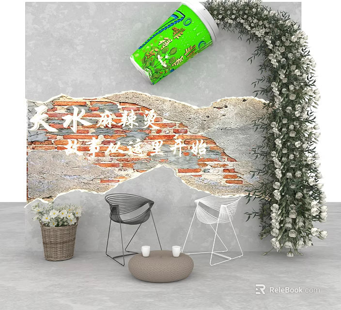 Distressed Brick Wall Background With Green Plant Decoration Chairs Small Round Table And Flower Basket 3d model 