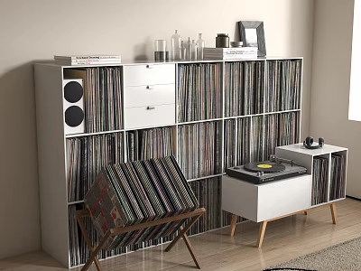 White Bookcase Filled With Vinyl Records And Decorative Items With Side Table And Chair 3d model