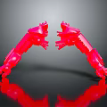 Two Red Character Inspired Mechanical Arms With Symmetrical Creature Claws And Reflective Surface Design
