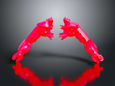 Two Red Character Inspired Mechanical Arms With Symmetrical Creature Claws And Reflective Surface Design 3d model