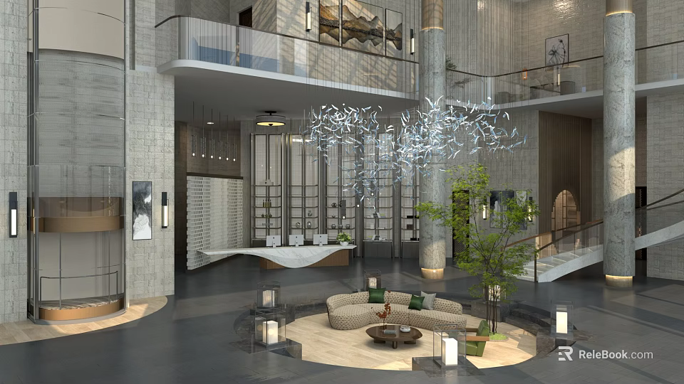 Spacious Modern Hotel Lobby Interior Design With Chandelier Sofa Area And Green Plants 3d model 
