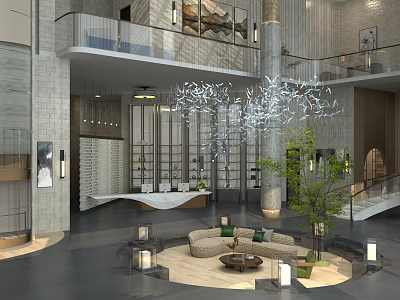 Spacious Modern Hotel Lobby Interior Design With Chandelier Sofa Area And Green Plants 3d model