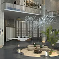 Spacious Modern Hotel Lobby Interior Design With Chandelier Sofa Area And Green Plants