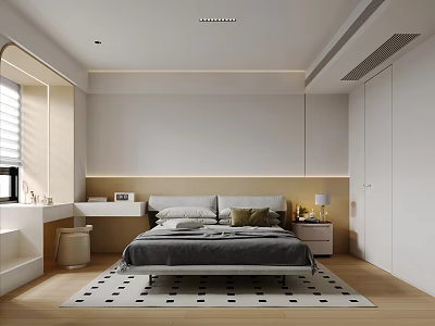Modern Minimalist Bedroom Interior With Ambient Lighting Wooden Flooring And Checkered Rug 3d model
