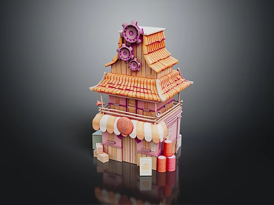 Cartoon Scene Japanese Style Wooden Building With Tiled Roof Gear Decorations Awning Red Barrels Cards 3d model