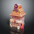 Cartoon Scene Japanese Style Wooden Building With Tiled Roof Gear Decorations Awning Red Barrels Cards