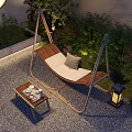 Outdoor Hanging Swing Chair with Cushion in Garden Patio with Side Table and Lantern