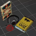 Colorful Book Design With Yellow Story Book Black Headphones Red Cable On Grid Floor
