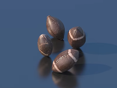 Four Brown Rugby Balls With White Stitches On Dark Reflective Surface 3d model