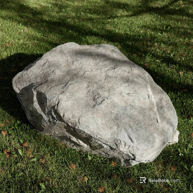 Large Natural Stone With Rough Surface Texture Lying On Green Grass Field 3d model 
