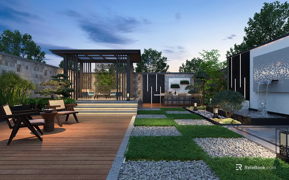 Serene Courtyard Garden With Wooden Deck Bench Gazebo Lawn And Gravel Paths 3d model 