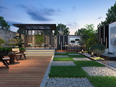 Serene Courtyard Garden With Wooden Deck Bench Gazebo Lawn And Gravel Paths 3d model