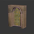Arch Shaped Wooden Gate With Neatly Arranged Golden Circular Decorations And Wooden Frame