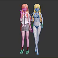 Two Anime Female Characters with Pink Long Hair Twin Tails and Different Stylish Outfits