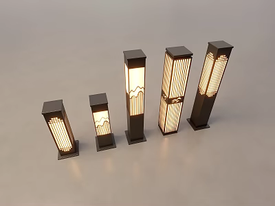 Elegant Outdoor Pillar Lights with Woven Shades Various Sizes and Warm Glowing Light 3d model