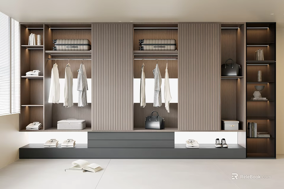 Modern Wardrobe Interior Design With Wooden Hanging Rails Shelves And Storage Drawers 3d model 